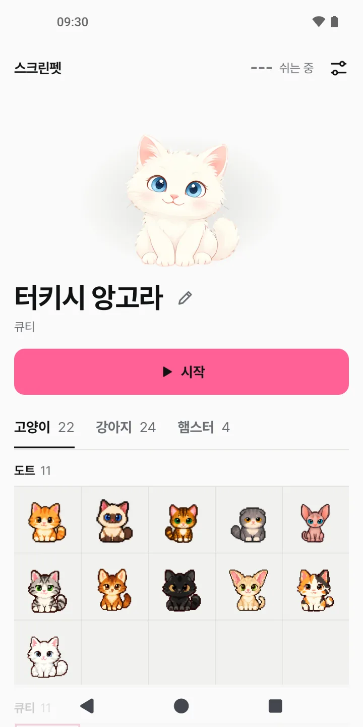 스크린펫 첫 화면의 고양이 탭. 큐티 그림체의 터키시 앙고라를 골랐고, 아래 도트 선반에 고양이 열한 마리가 있다.