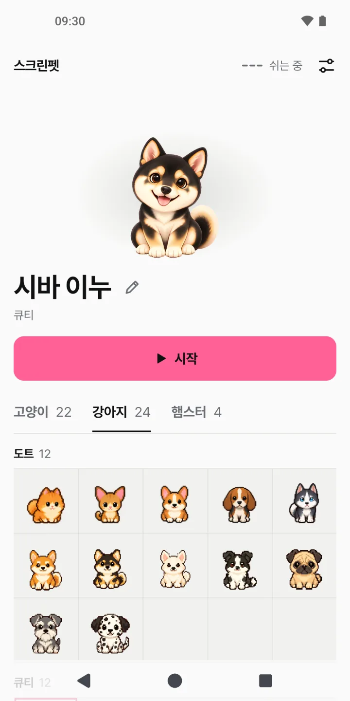 스크린펫 첫 화면의 강아지 탭. 큐티 그림체의 시바 이누를 골랐고, 아래 도트 선반에 강아지 열두 마리가 있다.