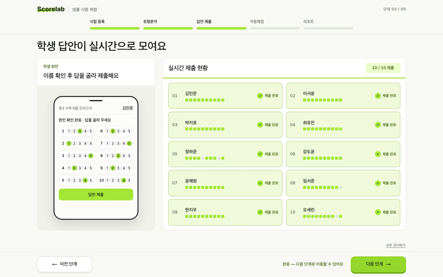 예시 둘러보기 3단계 답안 제출. 왼쪽은 학생 휴대폰의 답안지, 오른쪽은 열 명의 실시간 제출 현황.